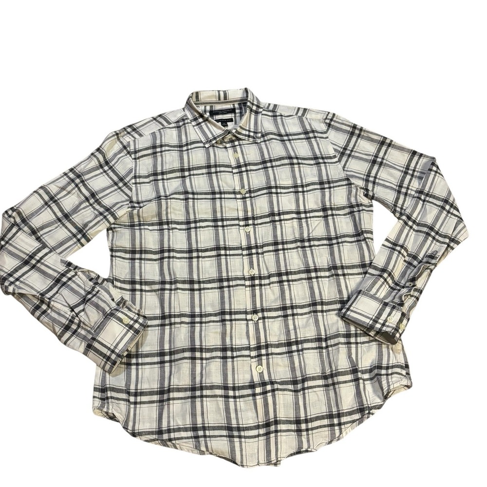Banana‎ Republic Linen Camden Fit Button Up Shirt Black White Plaid Mens XL
